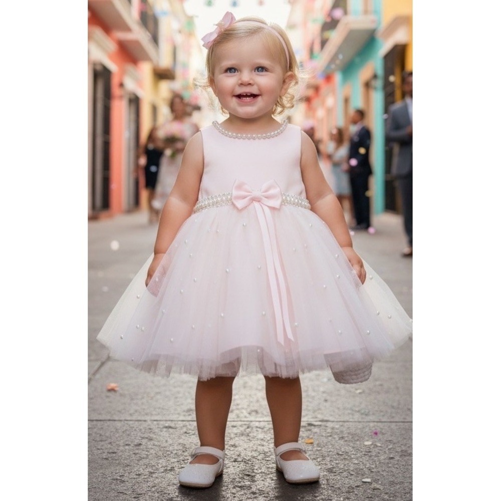 Couture‎ Princess Baby Girl Dress Pale Pink Pearl Bling Size 12 Months 12M